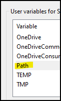 User variables for 
Variable 
OneDrive 
OneDriveComm 
OneDriveConsu 
Path 
TEMP 